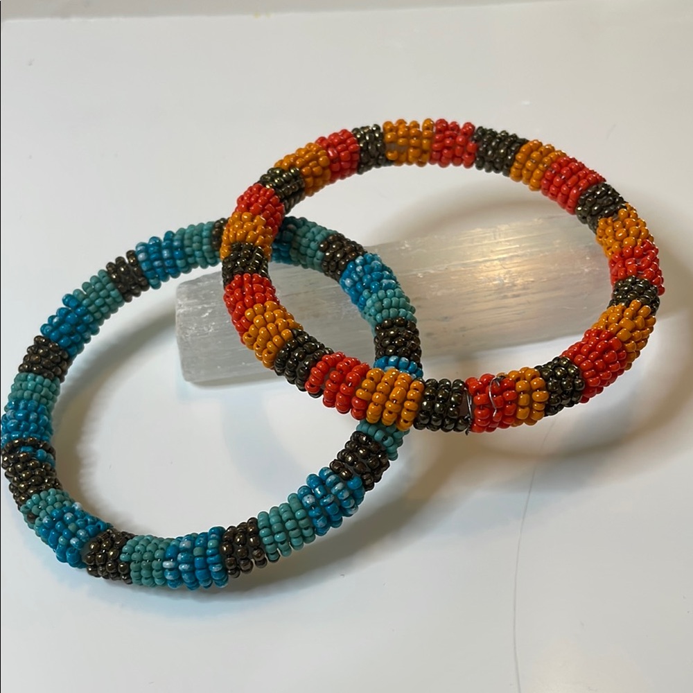 Vintage Colorful Two Seed Bead Hand Beaded Bangle Bracelets